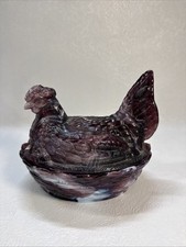 Vintage Glass Hen on Nest Covered Dishes - Purple Slag & Green Satin Pair — listing 5