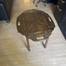 Vintage Oak Parquet-Top Butler's Tray Coffee Table with Turned Legs — listing 2