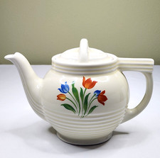 Vintage Tea-O-Lator Ceramic Teapot with Tulip Floral Band, Cream Ground with Silver Trim