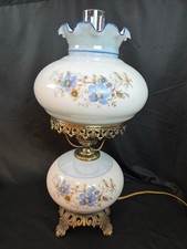 Pair of Vintage Hurricane Table Lamps with Hand-Painted Milk Glass Floral & Butterfly Shades