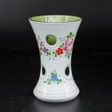 Bohemian White Cut-to-Green Cased Glass Vase with Hand-Painted Florals on Ormolu Base — listing 3