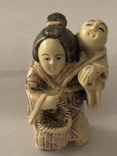 Japanese Carved Netsuke/Okimono Figure of a Child in Floral Kimono and Cap — listing 2