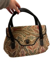 1960s Huge Carpet Tapestry Handbag by Jaclyn — Floral on Black with Black Leather Handles