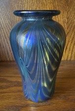 Iridescent Art Glass Vase with Pulled Feather Decoration, Cranberry/Ruby Ground — listing 3