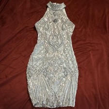 Silver Sequin Mini Dress with Cowl Neckline and Black Bow Straps — listing 6