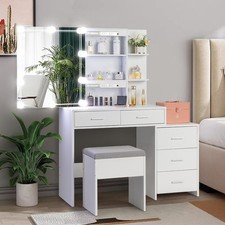 Modern White Makeup Vanity Desk with LED Touch-Control Lighted Mirror and 4 Drawers