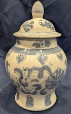 Vintage Blue & White Chinoiserie Prunus Blossom Ginger Jar Table Lamp with Brass Base and Silk Bell Shade, listing 3