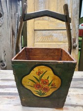 Antique Chinese Hand-Painted Wooden Rice Bucket with Floral Decoration — listing 2