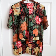Vintage Hawaiian Print 2-Piece Set — Navy & Tan Floral Open Blouse and Elastic-Waist Pants — listing 4
