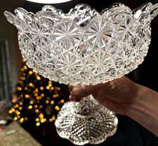 Antique EAPG Pressed Glass Square Bowl with Hobstar and Fan Pattern, Ruffled Rim — listing 4