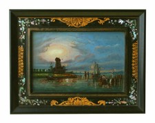 Pair of Antique Reverse-Painted Fruit Studies on Glass (Peaches & Raspberries) in Distressed Giltwood Frames — listing 6
