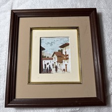 Original Signed Watercolor Painting, Peruvian/Andean Village Street Scene with Figures, Framed 10x6.5"