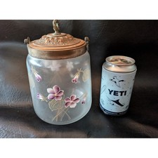 Antique Victorian Textured Glass Biscuit Barrel with Applied Green Glass Flowers and Silver-Plate Lid & Bail Handle — listing 6
