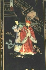 Pair of Chinese Black Lacquer Wall Panels with Carved Soapstone Applied Figures (Geishas & Still Life) — listing 5