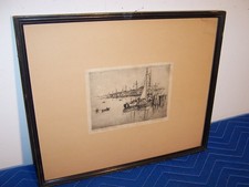 Antique Framed Landscape Etching with Cattle at Water's Edge