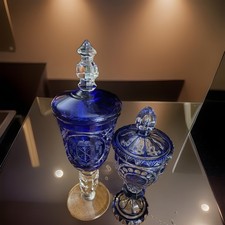 Cobalt Blue Cut-to-Clear Crystal Compote with Grape and Vine Motif, listing 2