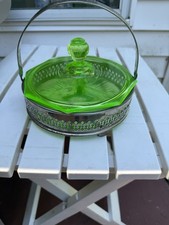 Green Depression Uranium Glass Divided Relish Tray in Silver Plate Handled Holder, 10 inch — listing 6