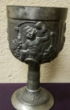 Vintage German Pewter Footed Goblet with Relief Tavern Scene — listing 4