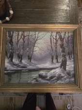 Original Signed Oil Painting, Winter Woodland Stream Landscape in Gilt Frame — listing 3