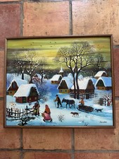Large Framed Oil Painting of Victorian Village Scene with Cottages and Autumn Trees — listing 5