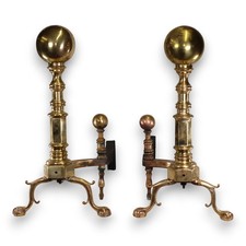 Antique Brass Andirons Pair, Federal Style with Lemon-Top Ball & Steeple Finials, Cabriole Legs and Slipper Feet