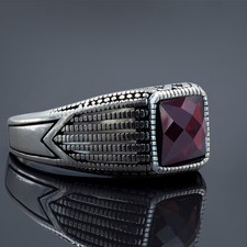 Vintage Men's Signet Ring with Emerald-Cut Red (Synthetic Ruby) Stone, Engraved Shoulders — listing 6