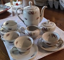 Vintage Moss Rose Porcelain Coffee/Tea Set - Pot, Sugar Bowl & 2 Cups with Saucers — listing 4