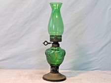 Vintage Green Glass Miniature Oil Lamp with Chimney Shade — listing 4