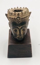 Cast Metal Buddha Head Sculpture with Ushnisha and Spiral Curls on Display Stand — listing 2
