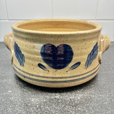 Studio Pottery Handled Soup Crock with Blue Floral & Heart Design — listing 3