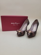 Salvatore Ferragamo Boutique Black Lizard-Embossed Leather Vara-Buckle Pumps, Size 10 B, listing 4