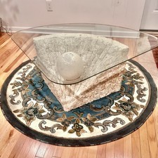 Round Tessellated Stone Rim Coffee Table with Glass Top and Wrought Iron Base — listing 2