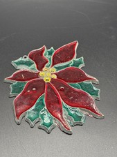 Vintage Stained Glass Style Poinsettia Round Trivet with Silver Metal Frame — listing 4