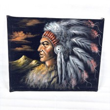 Vintage Velvet Painting of Native American Chief in Feather Headdress — listing 6