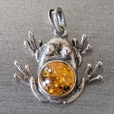 Silver-Tone Figural Frog Pendant Necklace with Faux Amber Cabochon on Black Organza Ribbon Cord — listing 5