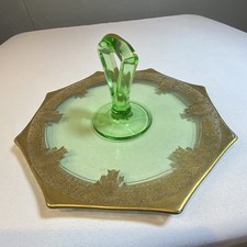 Art Deco Uranium Green Glass Octagonal Plate with Wheel-Cut Floral & Lattice Design, 10 inch — listing 5