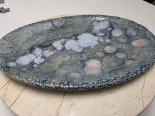 Handmade Studio Pottery Oval Serving Tray with Blue Ombré Glaze and Dotted Center