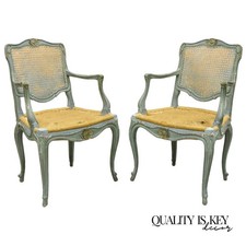 Pair of Vintage French Louis XV Style Fauteuil Armchairs with Cane Backs and Tufted Upholstery — listing 3