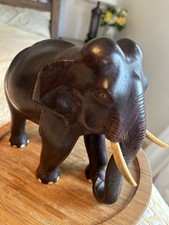 Hand Carved Wooden Elephant Sculpture with Bone Tusks — listing 4