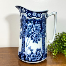 Antique Blue Transferware Ironstone Milk/Wash Pitcher with Floral Scroll Pattern — listing 3