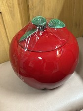 Figural Apple-Shaped Covered Ceramic Cookie Jar / Canister with Green Leaf Finial — listing 3