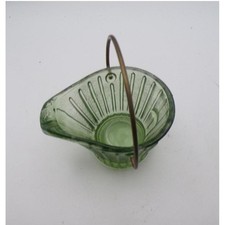 Vintage Green Glass Coal Scuttle Figural Novelty Dish with Wire Bail Handle — listing 5