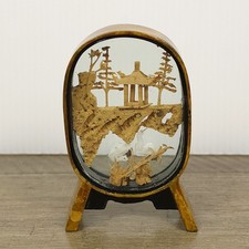 Vintage Chinese Carved Cork Diorama with Pagoda, Junk Boat and Landscape in Black Lacquer Frame, listing 5