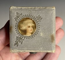 Vintage Round Ormolu Trinket Box with Portrait Miniature Lid and Celluloid Panel