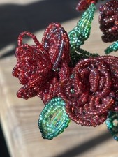 Antique French Beaded Flower Posie - 6 White Glass Seed Bead Daisies with 4 Green Leaves, 1930s — listing 3