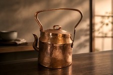 Antique Hammered Copper Kettle with Bamboo-Style Handle, Black Patina — listing 6