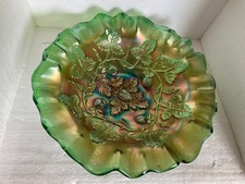 Green Carnival Glass Two-Handled Bonbon Dish with Stippled Rays Pattern — listing 6