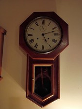 Antique Wall Clock with Gold and White Porcelain Dial, Walnut Case with Turned Columns and Ornate Brass Trim — listing 2