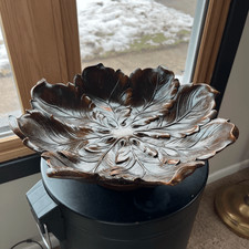 Vintage Syroco Wood Molded Leaf Motif Round Bowl with Reticulated Rim