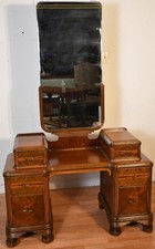 Antique 1920s-1930s Depression-Era Walnut Vanity Dressing Table with Trifold Etched Mirror — listing 3